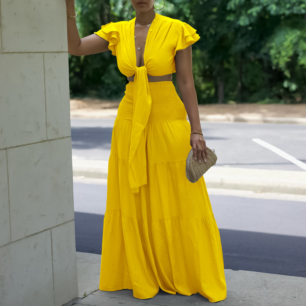 C8586   new short-sleeve tie-up top and wide-leg pants plus size two-piece set - cross-border e-commerce outfit
