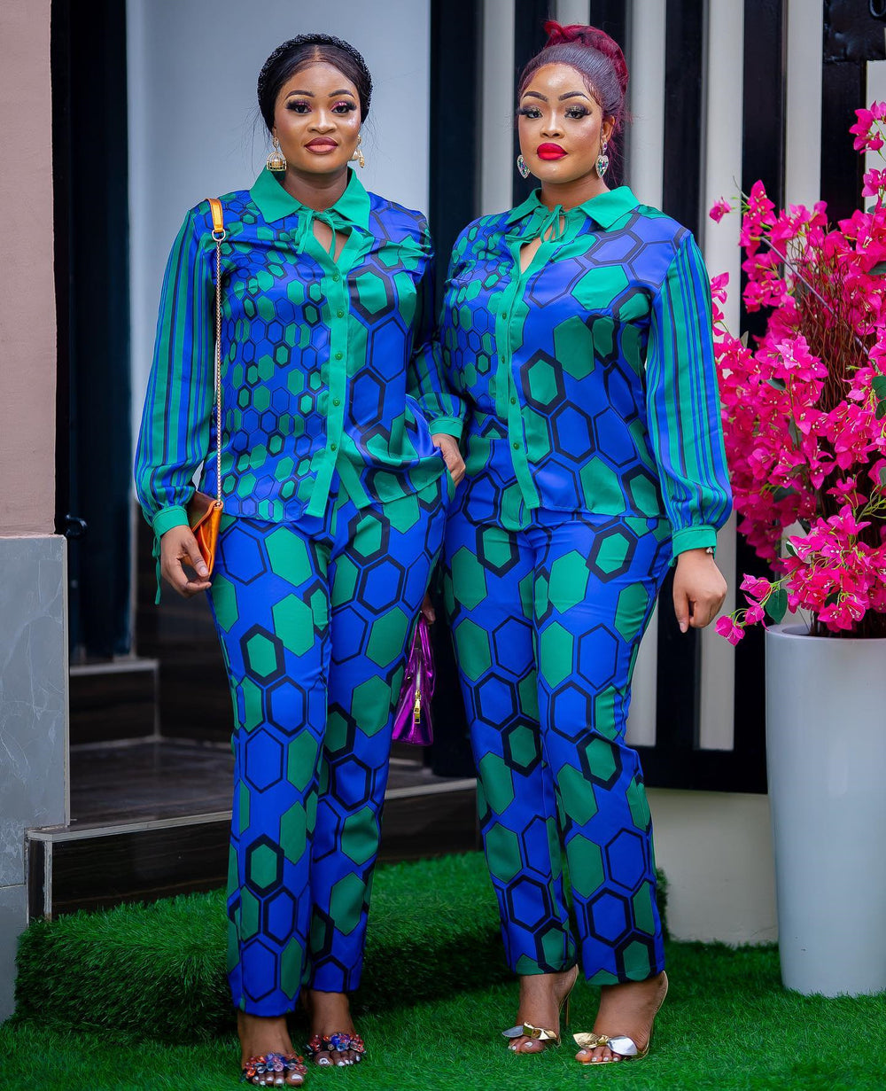new african cross-border fashion: printed long-sleeve shirt and elastic waist pants casual set - basic women's apparel