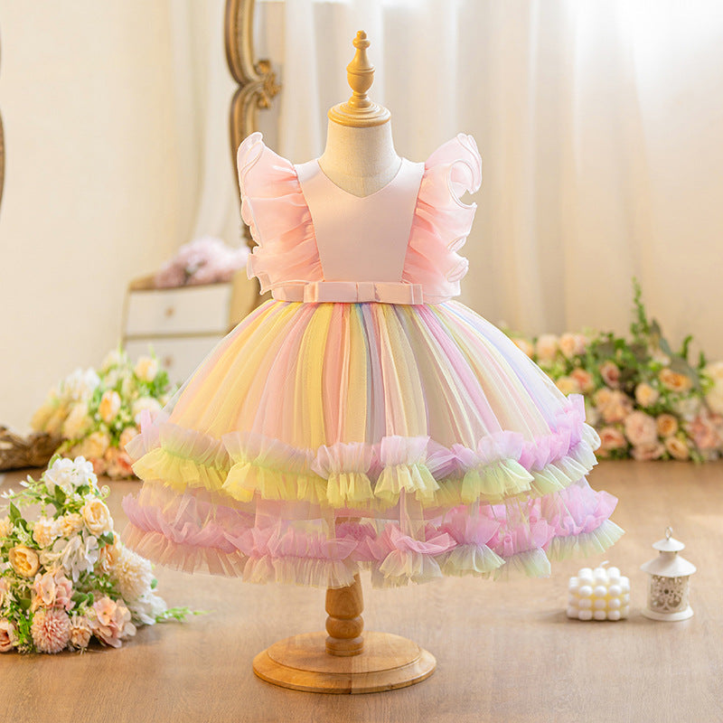 European and american new princess dress mesh print rainbow floral girl's wedding dress party baby's first birthday christening gown