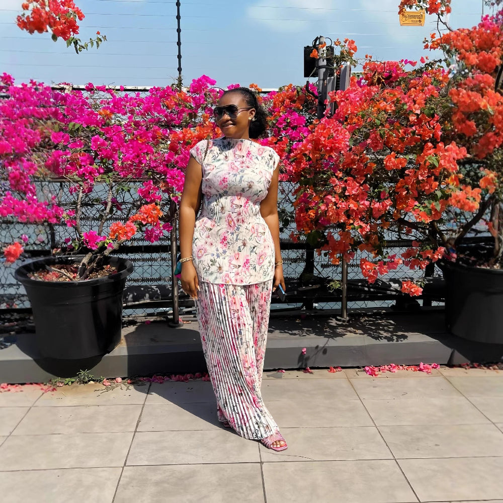 European and american cross-border women's fashion:  spring new arrival - pleated round neck flutter sleeve fashion print wide-leg pants two-piece set
