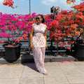 European and american cross-border women's fashion:  spring new arrival - pleated round neck flutter sleeve fashion print wide-leg pants two-piece set