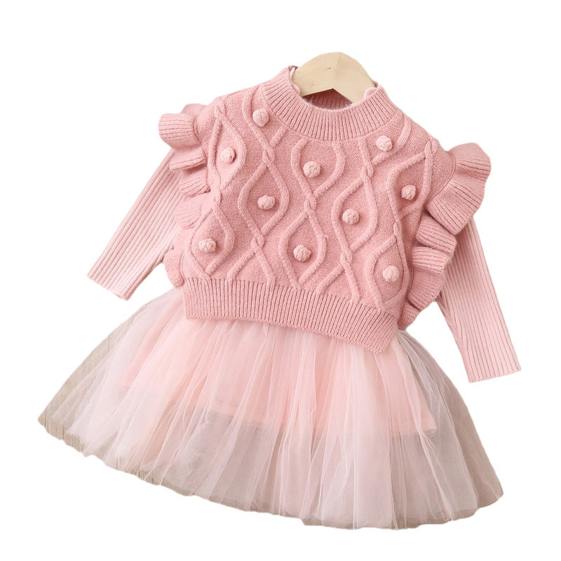 Winter kids' sweater dress set: girls' princess dress with vest - two-piece outfit for baby girls, princess style