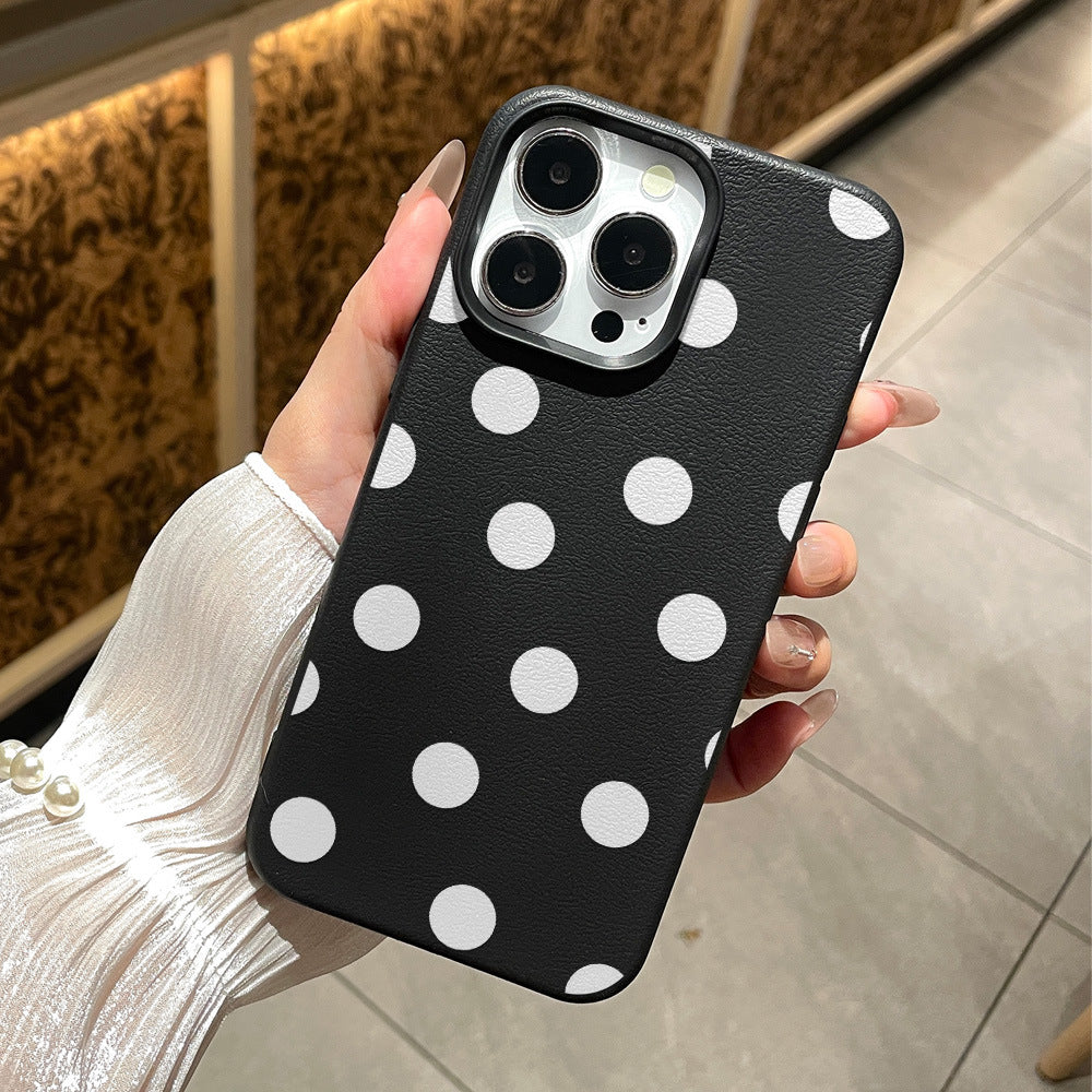 Suitable for iphone 17 pro max black background white polka dot phone case, apple 15 full coverage shockproof hard case, women's style wholesale
