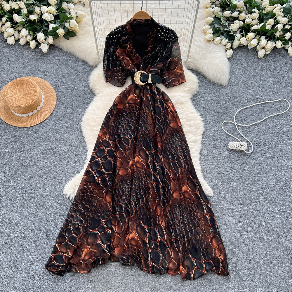 European and american fashion light luxury diamond-embellished tassel v-neck tie-waist printed maxi dress - slimming, elegant, and flowy