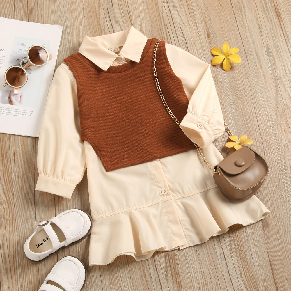 girls' autumn new arrival: collared long-sleeve ruffle princess dress shirt dress knitted vest two-piece set