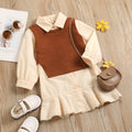 girls' autumn new arrival: collared long-sleeve ruffle princess dress shirt dress knitted vest two-piece set