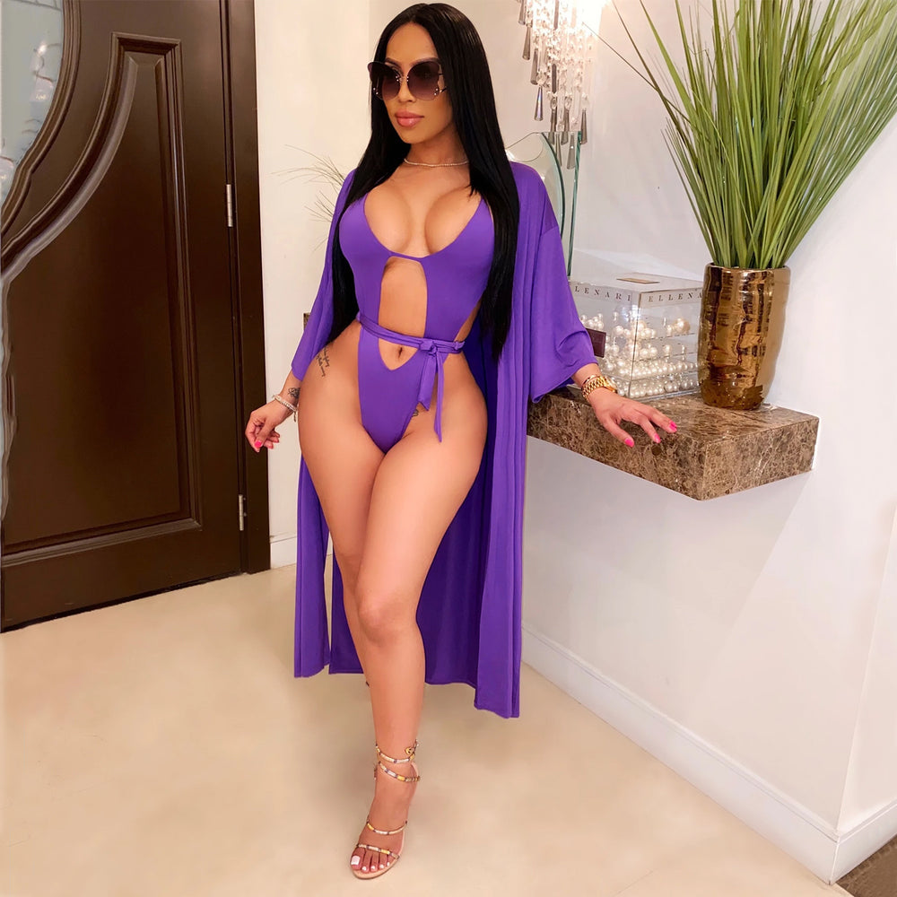 H3378 in stock special offer non-refundable and non-exchangeable european and american women's clothing pure colorsexy bikini one-piece swimsuit + jacket