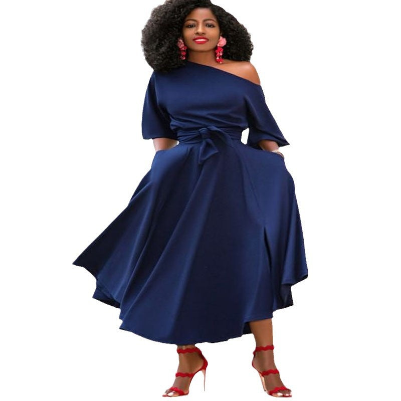 summer new cross-border e-commerce  european and american style women's one-shoulder tie-waist midi dress/midi skirt