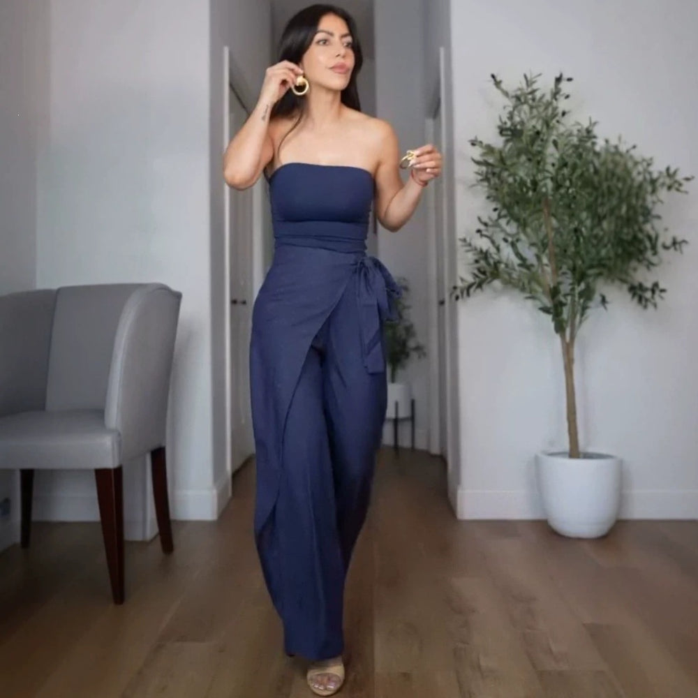 European and american  women's clothing  new bandeau top, minimalist chic blouse, relaxed sweet & cool wide-leg pants two-piece set