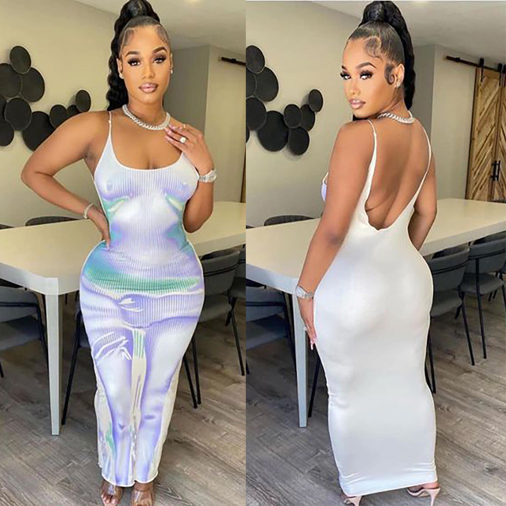 european and american cross-border women's fashion:  style sexy printed backless cami dress - women's maxi dress