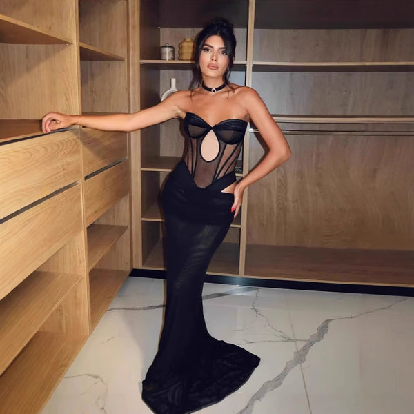 Independent Station European and American Foreign Trade Women's Temperament Mesh Splicing Elastic Bandage Evening Dress Women's Advanced Sense Black Banquet