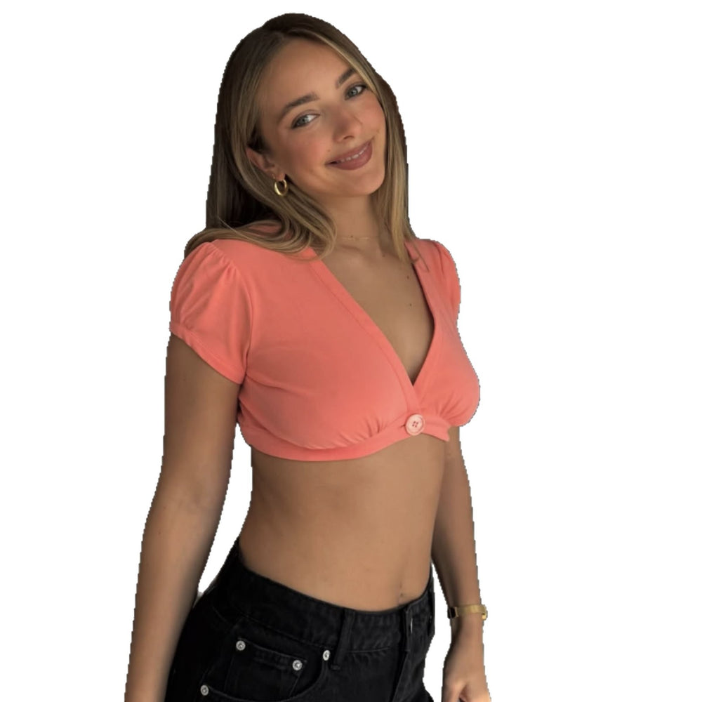 hot-selling women's fashion solid color sexy deep v short sleeve cropped button-down top wholesale