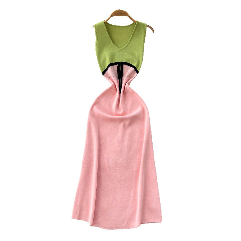Frenchcontrast colorv neck sleeveless sweetdress women's spring and summerhigh waist silmslimming look a-line skirt work clothingelegant long skirt