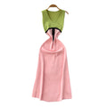 Frenchcontrast colorv neck sleeveless sweetdress women's spring and summerhigh waist silmslimming look a-line skirt work clothingelegant long skirt