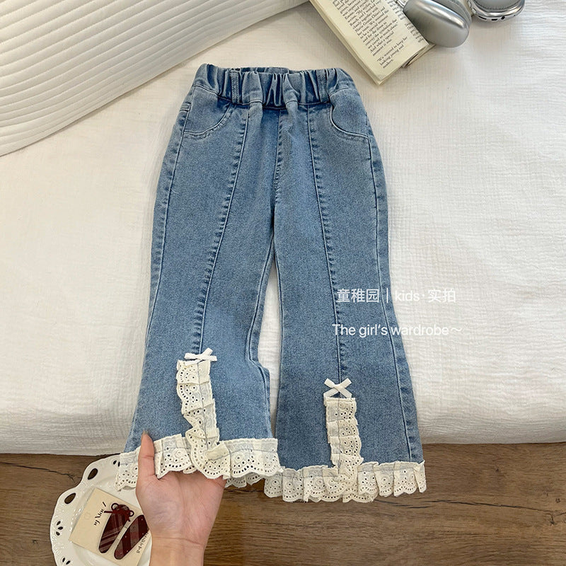 Pre-order  spring new girls' denim jeans: spring collection lace-trimmed flare jeans - stylish and versatile