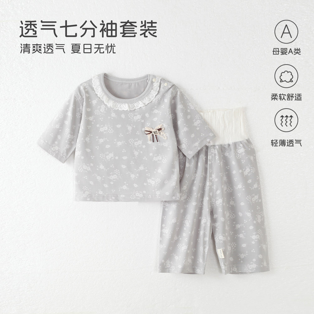 Baby pajamas mocotton thin style kids' loungewear summer boys' and girls' three-quarter sleeve air conditioning suit high-waisted set