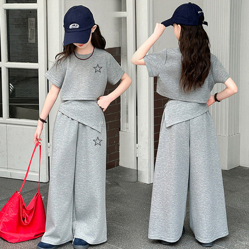 Girls' new korean style summer two-piece set: trendy, versatile, and chic - featuring irregular design and casual wide-leg pants