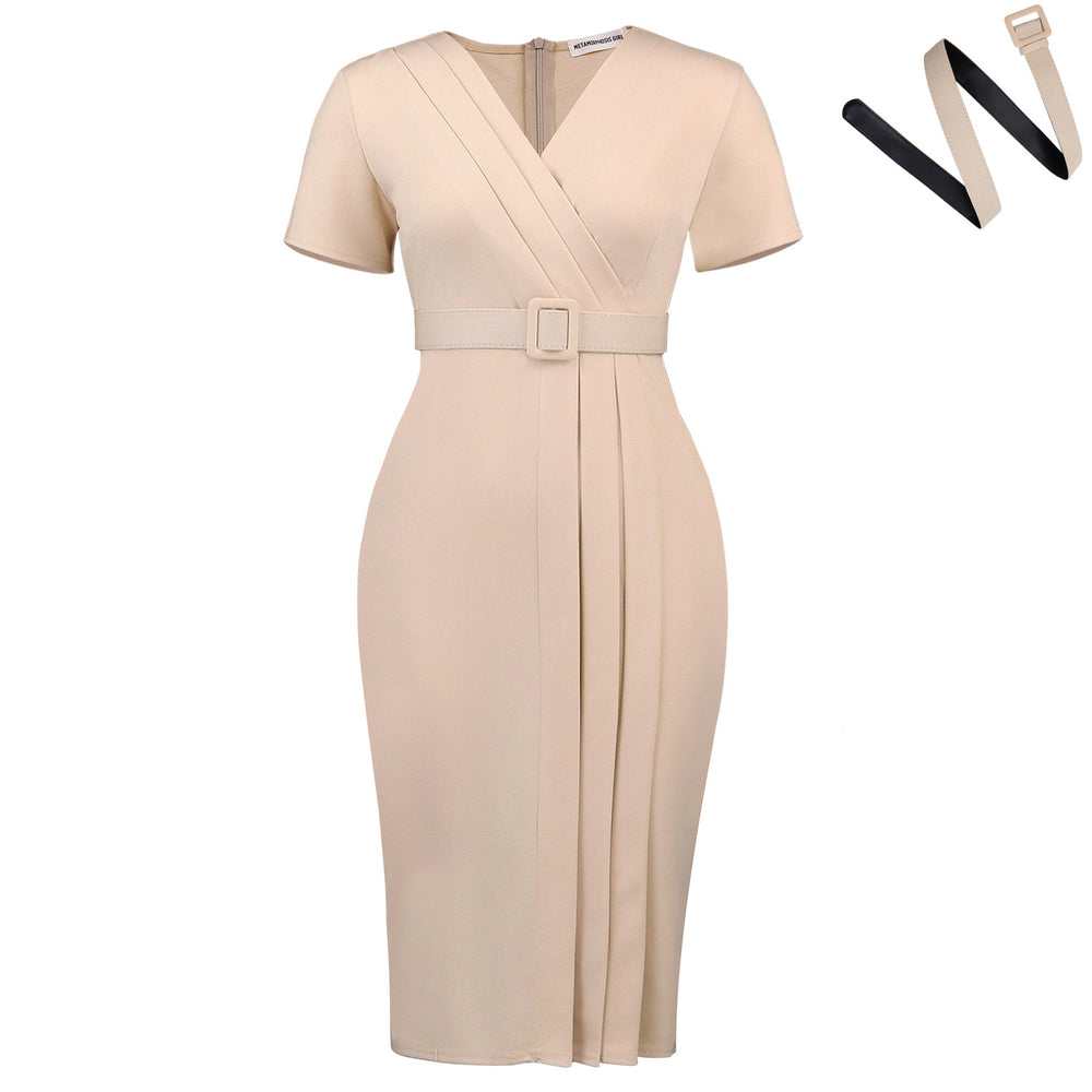 C8658 women's foreign trade cross-border summer short-sleeve v-neck fashionable elegant solid color ol bodycon african dress