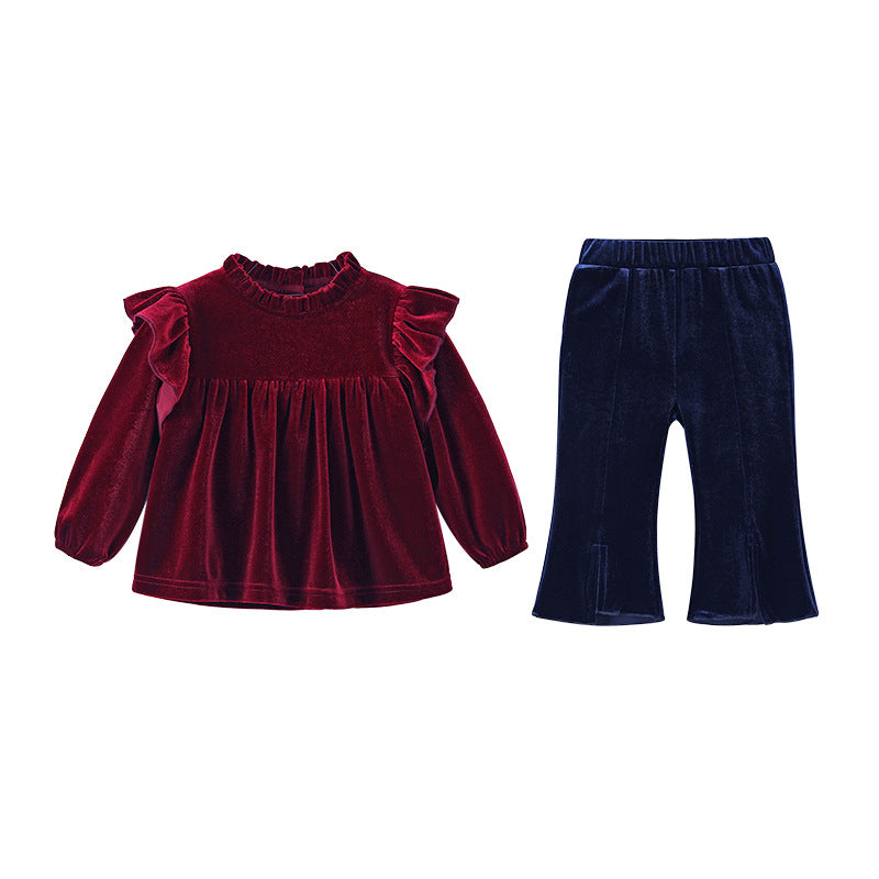 Girls' clothing  new retro autumn collection: burgundy lace long-sleeve princess outfit for girls