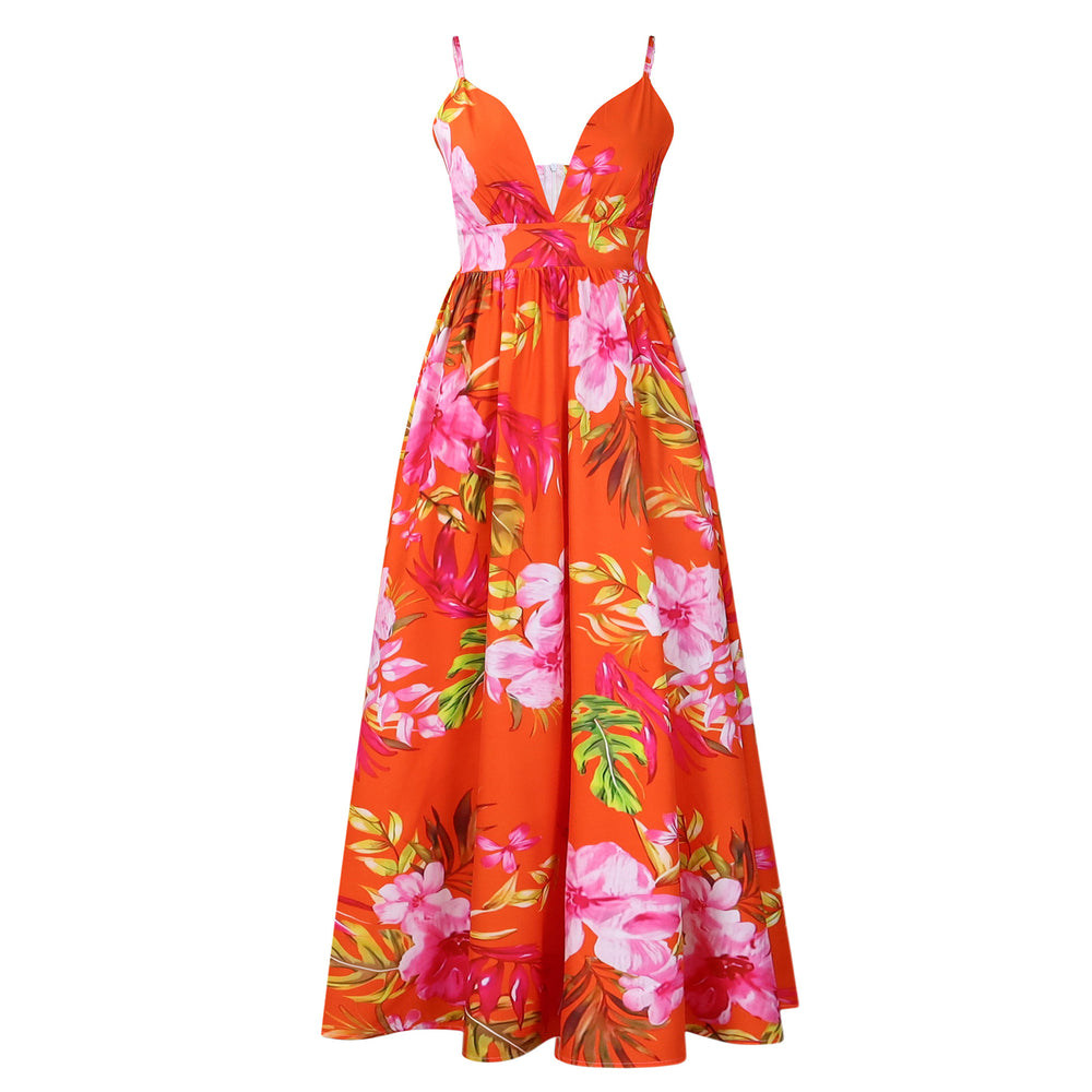 C8575  summer new arrival fashionable elegant v-neck camisole printed beach maxi dress sexy foreign trade dress