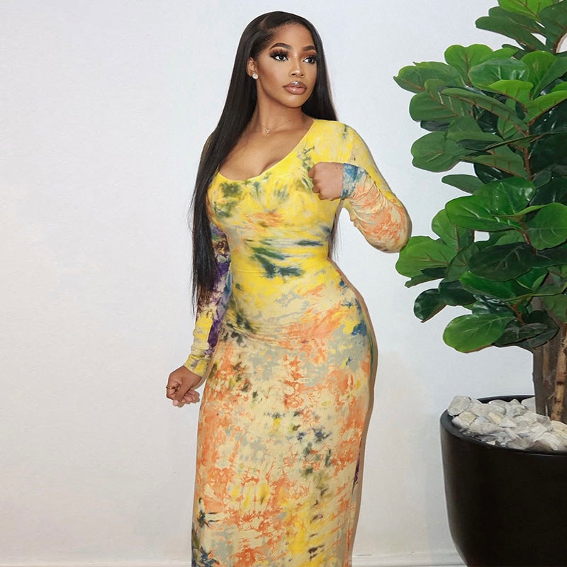 European and american style cross-border printed women's bodycon retro chic bodycon dress - round neck, long sleeve, cinched waist, trendy bestseller