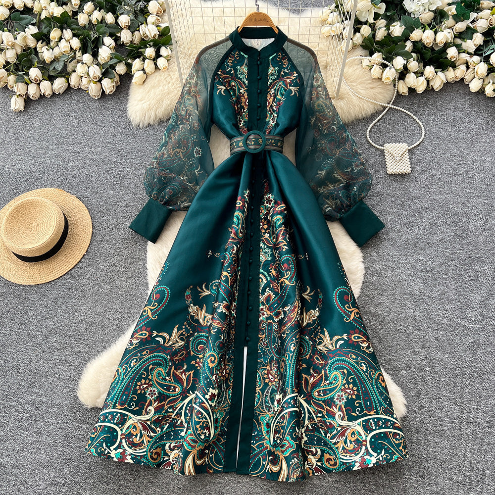 Vintage ethnic lantern sleeve printed dress - women's summer stand collar, slimming a-line maxi dress - elegant & chic