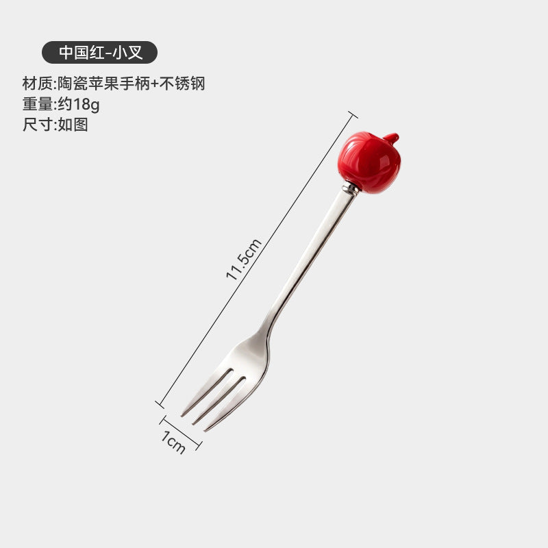 Colorful apple fork and spoon set - creative spoons with stainless steel and ceramic handles for fruit, coffee, cake, and desserts - wholesale