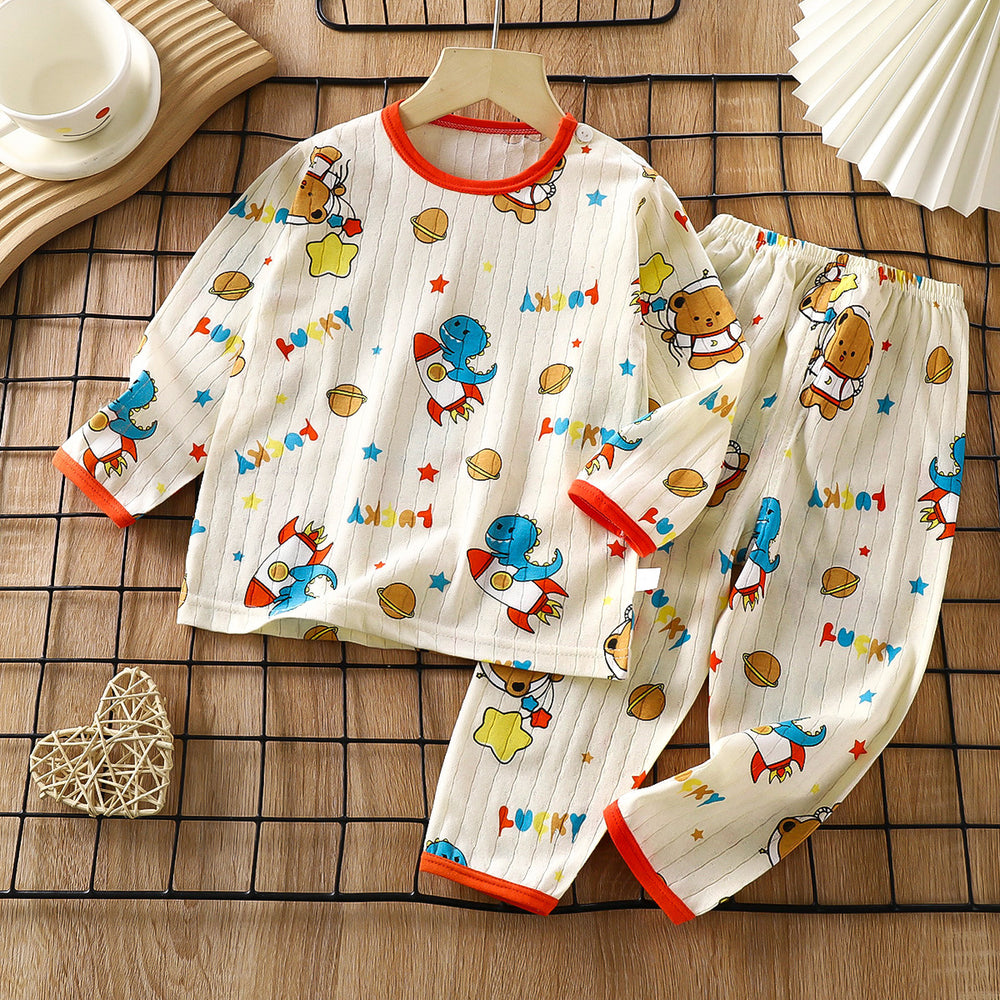 new children's pure cotton pajama set - summer long sleeve sleepwear, lightweight air conditioning suit for boys and girls
