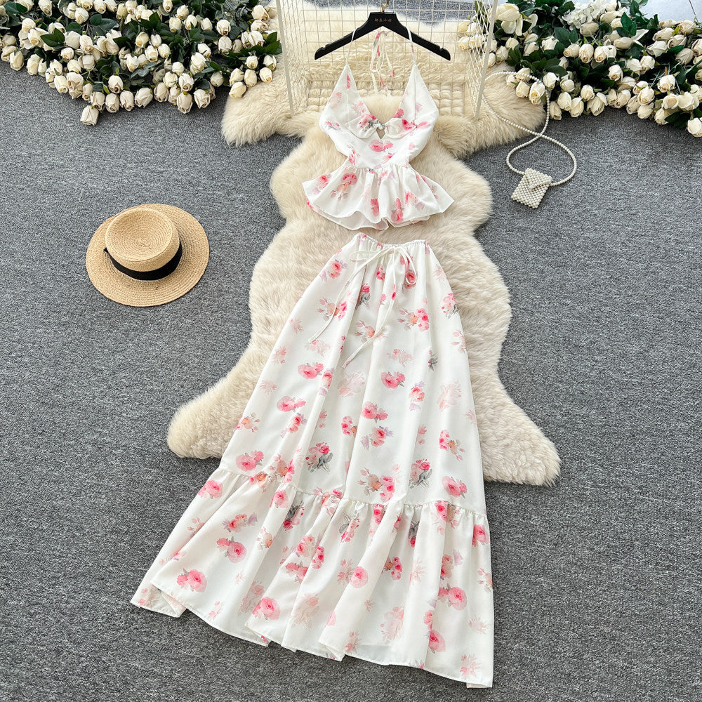 French holiday style floral suspender two-piece set women's summer pure lust style ruffles waist slimming lookelegantsuit