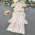 French holiday style floral suspender two-piece set women's summer pure lust style ruffles waist slimming lookelegantsuit