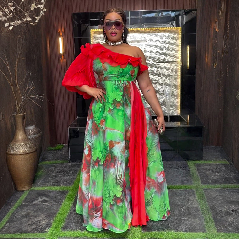 African plus size women's printed off-the-shoulder dress -  export fashion european and american cross-border spring/summer chiffon maxi dress