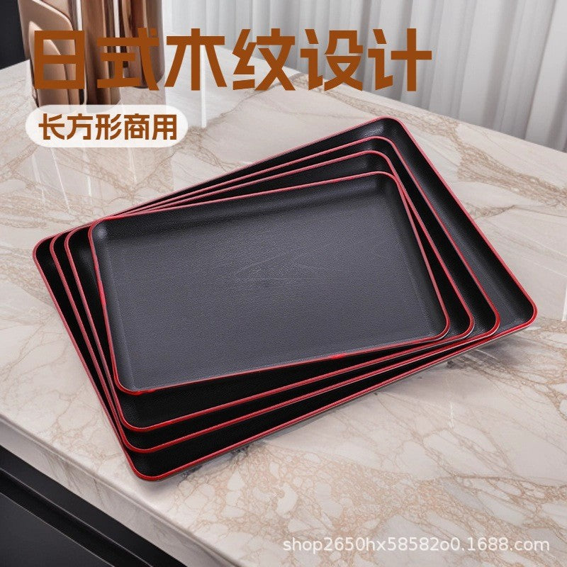 Japanese-style wood grain plastic tray - rectangular commercial grade for restaurants, cafeterias, fast food, flat plates, and bbq restaurants