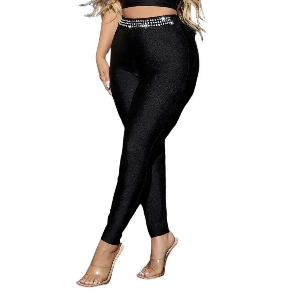 European and american high-waisted rhinestone-embellished sexy shiny leggings - versatile, high-stretch, solid color, high-waisted, slim-fit for everyday wear