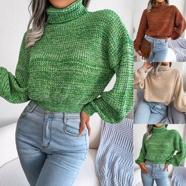 ins wind real shot 2025 autumn and winter European and American mixed-color lanterns long-sleeved turtleneck knitted sweater,   women's clothing