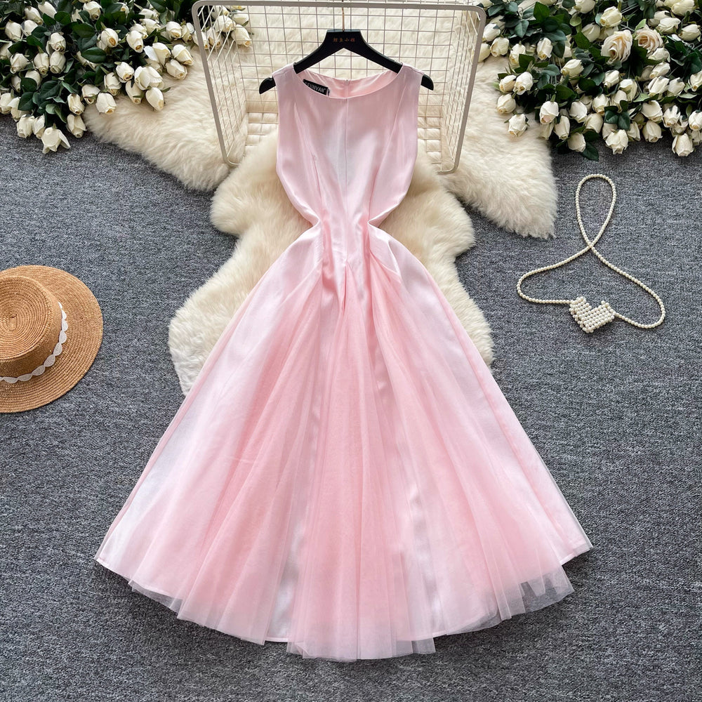 French sleeveless a-line round neck dress women's summer french pink high waist slimming look large swing skirtelegant
