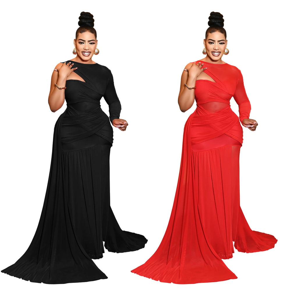 C7668 cross-border   fashion women's sexy mesh see-through round neck bodycon dress