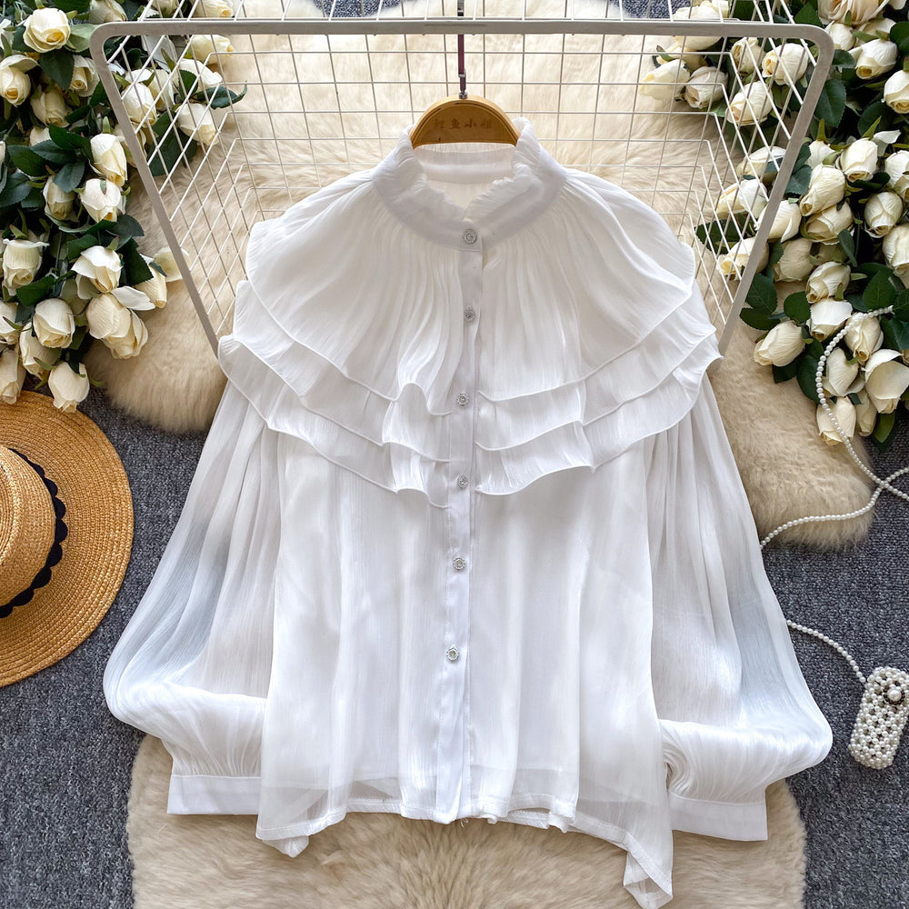 French retro court style wood ear trim blouse - women's early spring outfit, long sleeve ruffle detail, designer commute top