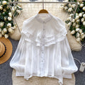 French retro court style wood ear trim blouse - women's early spring outfit, long sleeve ruffle detail, designer commute top