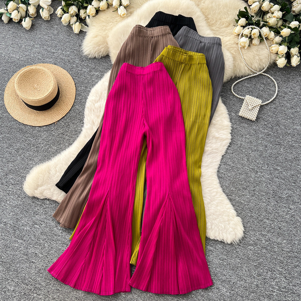 K-stylehigh waistdrapedknitting elastic waist wide leg pants women's spring and summerwork clothing styleeasiest for match silm bootcutpants