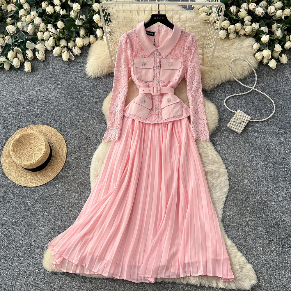 French chic red peter pan collar lace patchwork dress - women's  autumn commute elegant pleated skirt