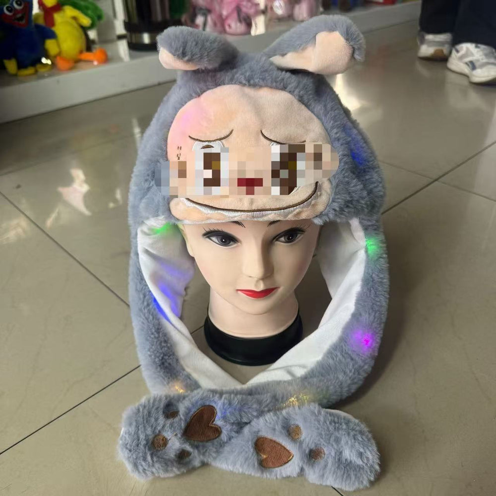 Tiktok viral cute plush bunny hat - squeeze the ears to make them move! light-up airbag beanie for warmth and cold protection
