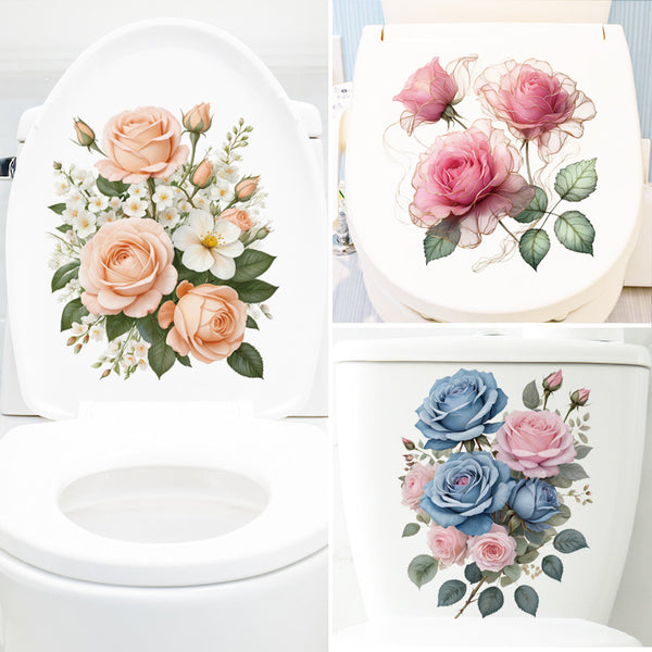 Hustle bank, rose flower toilet lid decorative sticker bathroom window glass plant flower removable wall sticker