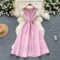 French style mini dress for women, summer , high-end design with belted waist, round neck, sleeveless, a-line maxi dress