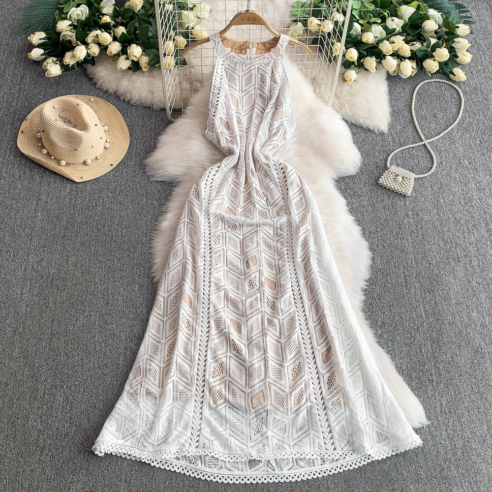 European and american fashion hollow-out lace round neck sleeveless dress - women's summer high-waisted slimming beach vacation style sundress