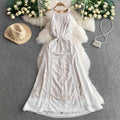 European and american fashion hollow-out lace round neck sleeveless dress - women's summer high-waisted slimming beach vacation style sundress