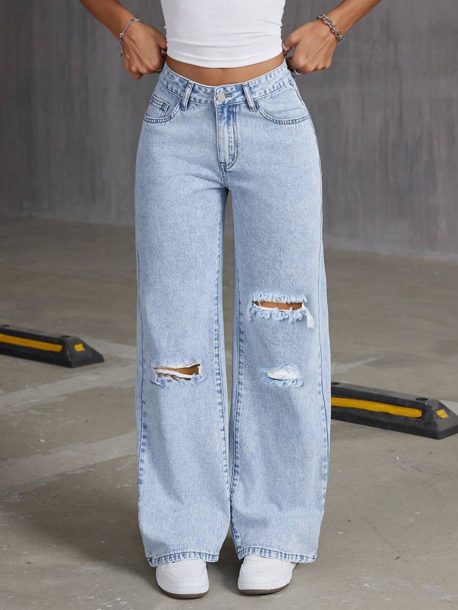 export hot-selling distressed jeans for women, light blue streetwear-style high-waisted washed denim pants