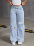 export hot-selling distressed jeans for women, light blue streetwear-style high-waisted washed denim pants