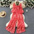 Women's beach pants  new style vacation sexy one shoulder halter lantern long sleeves high waist wide leg printing jumpsuit