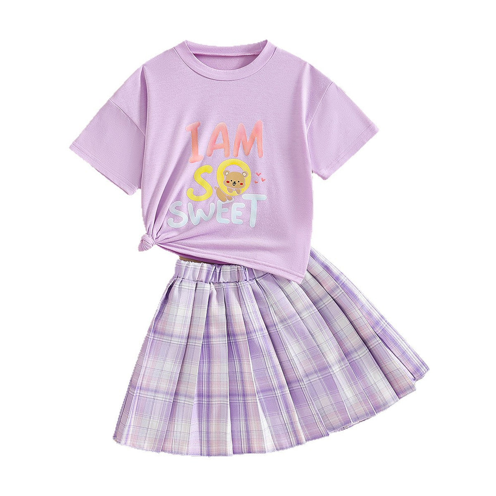 Girls' summer two-piece outfit: purple crewneck top with cartoon letter print and pleated plaid skirt set
