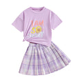 Girls' summer two-piece outfit: purple crewneck top with cartoon letter print and pleated plaid skirt set